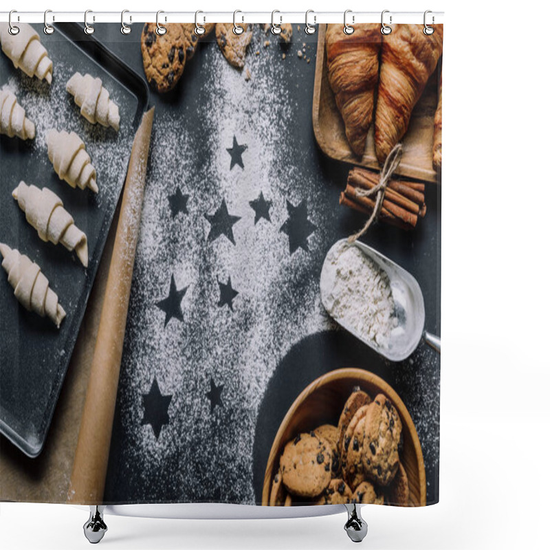 Personality  Top View Of Tray With Dough For Croissants On Surface Covered By Flour With Symbols Of Stars  Shower Curtains