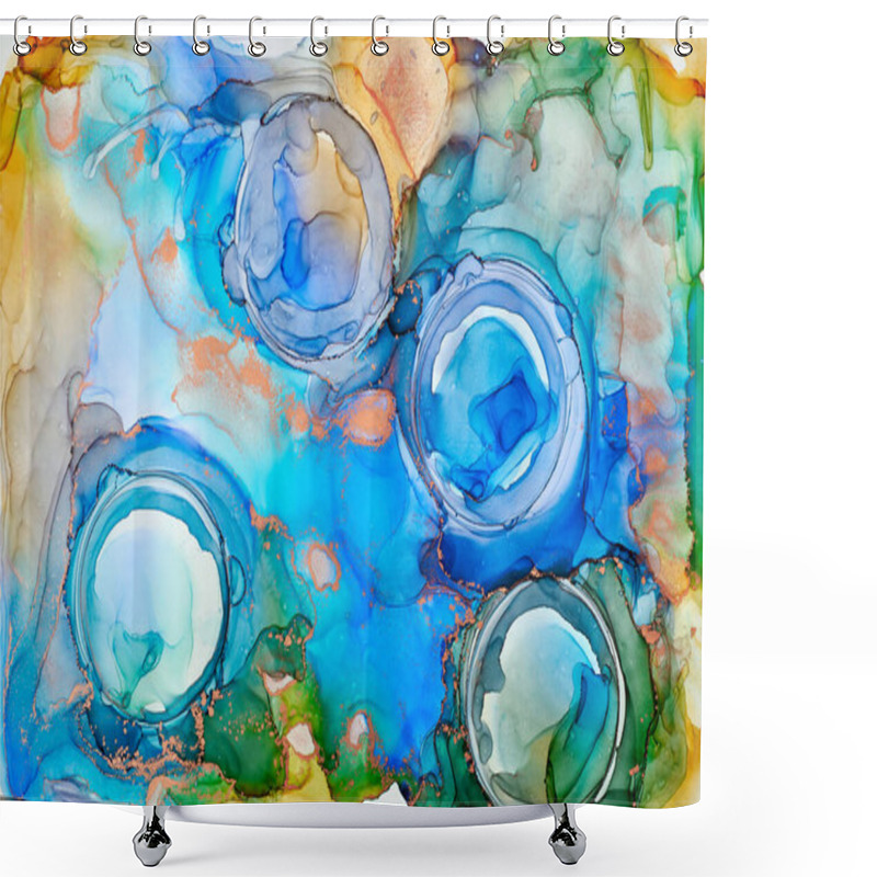 Personality  Currents Of Translucent Hues, Snaking Metallic Swirls, And Foamy Sprays Of Color Shape The Landscape Of These Free-flowing Textures. Natural Luxury Abstract Fluid Art Painting In Alcohol Ink Technique Shower Curtains