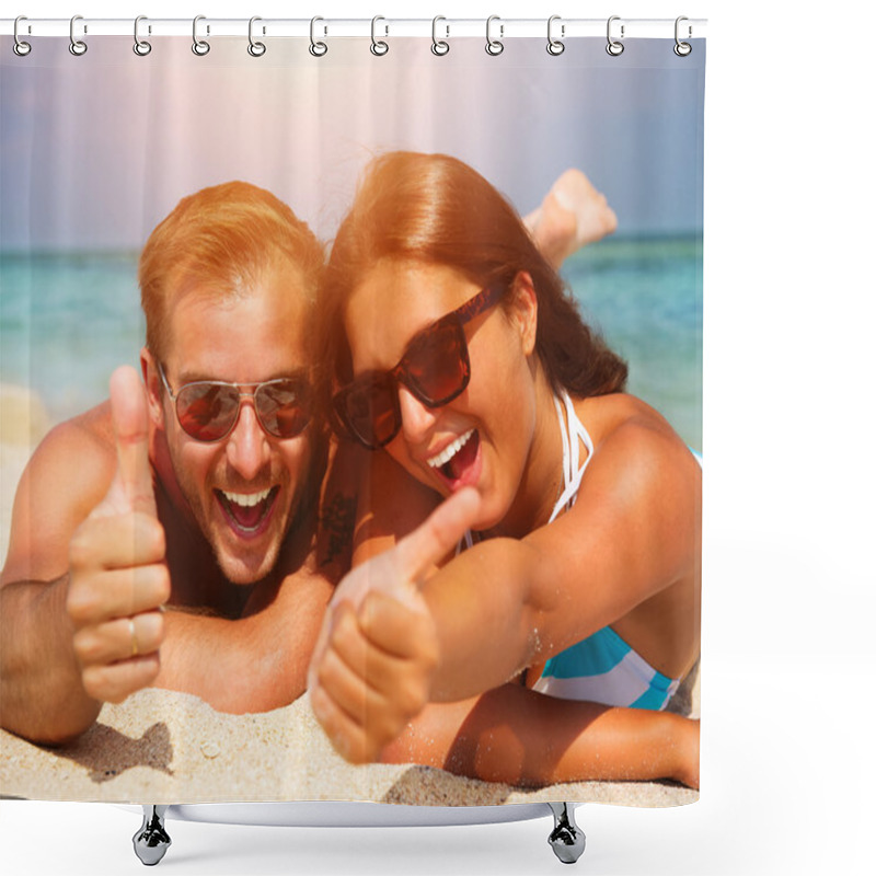 Personality  Happy Couple In Sunglasses Having Fun On The Beach Shower Curtains