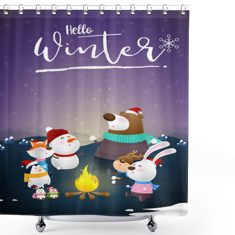 Personality  Hello Winter Calligraphy With Animal Friends Cartoon Fox Rabbit Own Penguin Beer And Snow Man Sitting Around Fire With Happiness With Snow Fall At Night Atmosphere Vector Illustration Shower Curtains