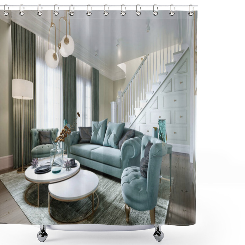 Personality  Luxurious Fashionable Living Room With A Soft Sofa, An Armchair, A TV Unit And A Console With Decor And A Beautiful Floor Lamp. Interior In Mint Colors. 3D Rendering. Shower Curtains