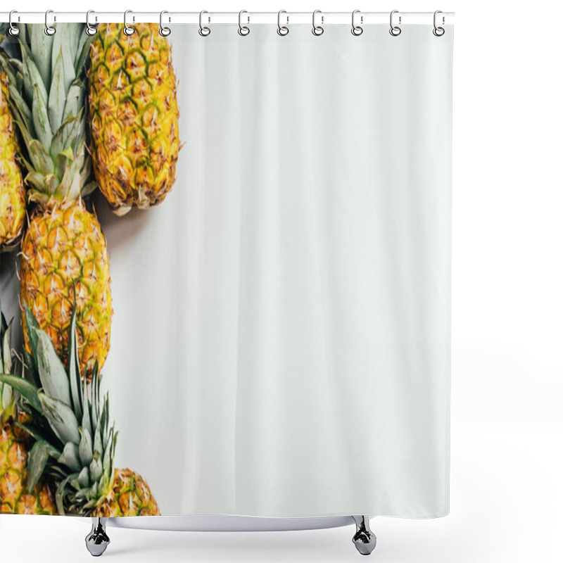 Personality  Top View Of Ripe Pineapples With Green Leaves On White Background Shower Curtains