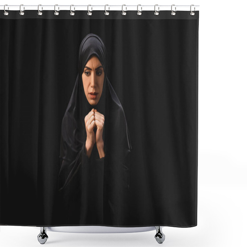 Personality  Sad Muslim Refugee Looking Away Isolated On Black  Shower Curtains