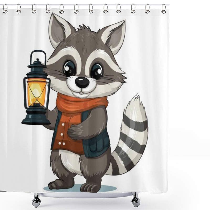 Personality  Cute Cartoon Raccoon In A Scarf With A Cup Of Coffee. Vector Illustration On White Background. Shower Curtains