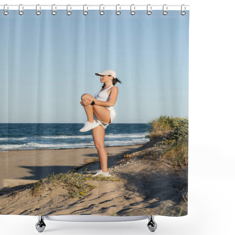 Personality  Full Length Of Young Fit Woman In Shorts And Sports Bra Working Out Near Blue Sea On Beach Shower Curtains