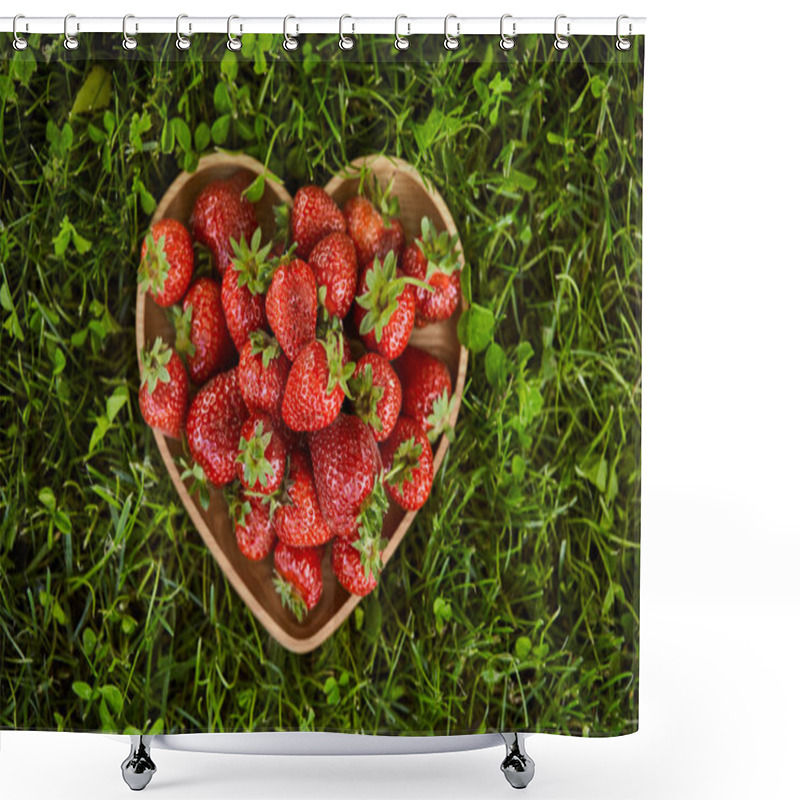 Personality  Top View Of Red Strawberries In Wooden Heart Shaped Plate On Green Grass  Shower Curtains