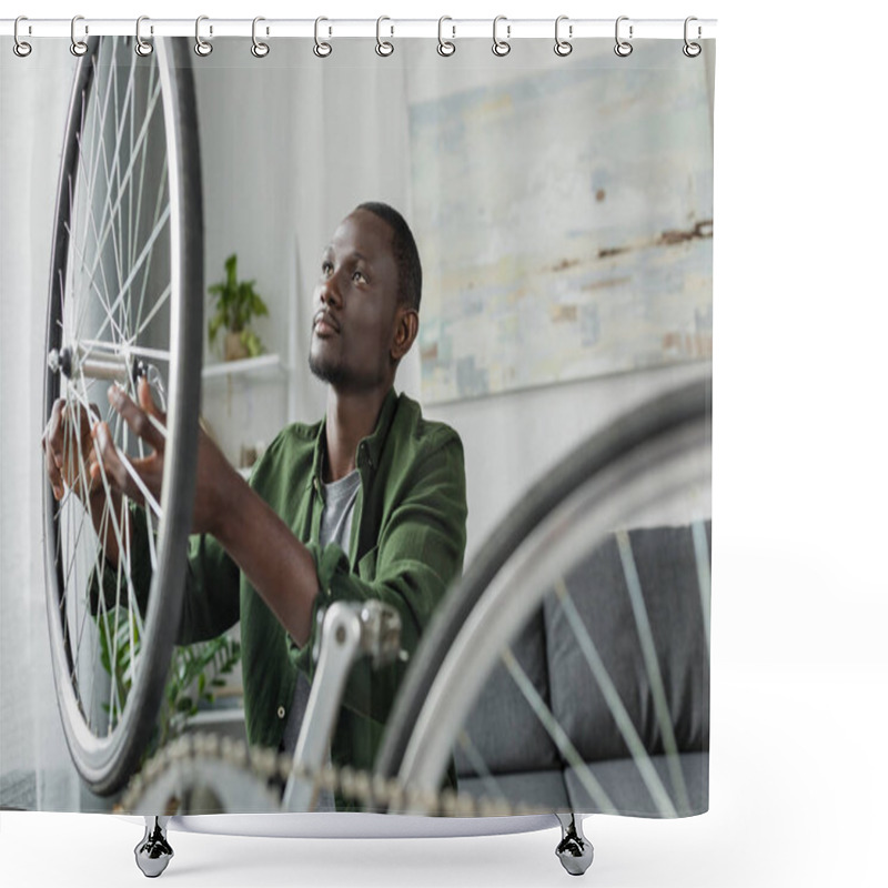 Personality  Afro Man Repairing Bicycle At Home Shower Curtains