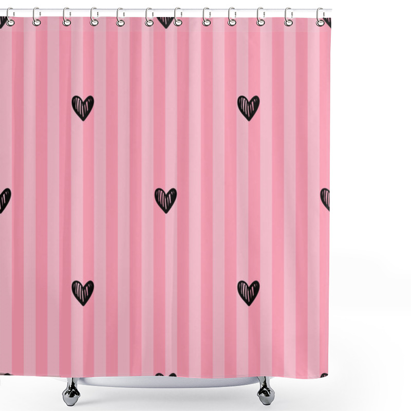 Personality  Seamless Pink Striped Pattern Featuring Hand-drawn Black Hearts, Perfect For Valentine S Day Designs, Romantic Themes, And Stationery Shower Curtains