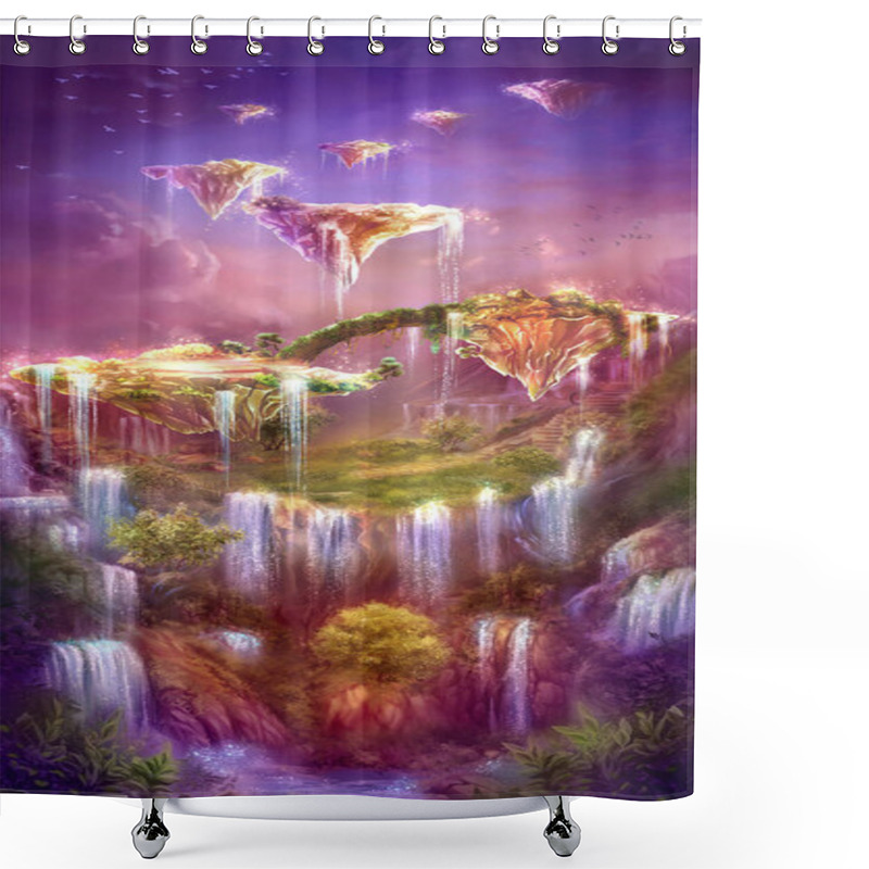 Personality  The Magical Islands. Fantastic Fairy Tale Background, Digital Art. Illustration Of A Mountain Dawn Landscape With Waterfalls, Birds And Flying Islands. Can Be Used As Location For Games, Greeting Cards Or Illustration For Books. NOT Generated By AI Shower Curtains