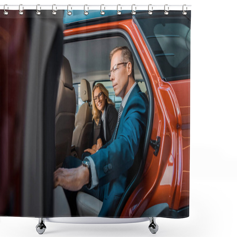 Personality  Side View Of Businesspeople Sitting On Back Sit In New Car In Dealership Salon Shower Curtains