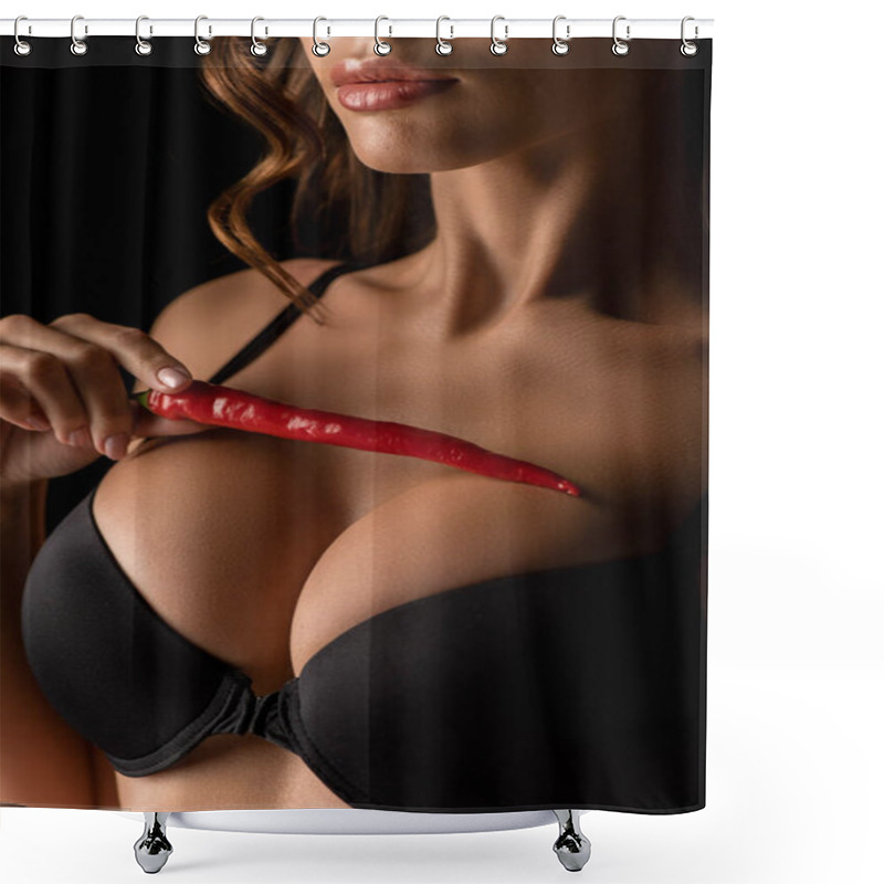 Personality  Cropped View Of Passionate Girl Touching Big Breasts With Red Hot Chili Pepper Isolated On Black Shower Curtains