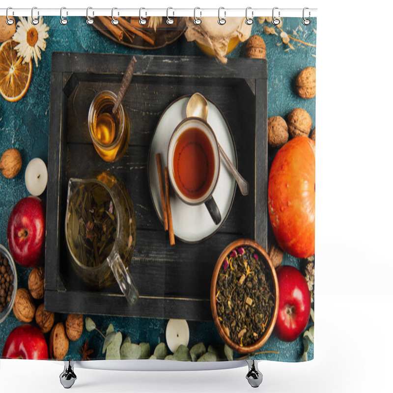 Personality  Thanksgiving Concept, Black Wooden Tray With Herbal Tea And Honey Near Colorful Harvest Objects Shower Curtains