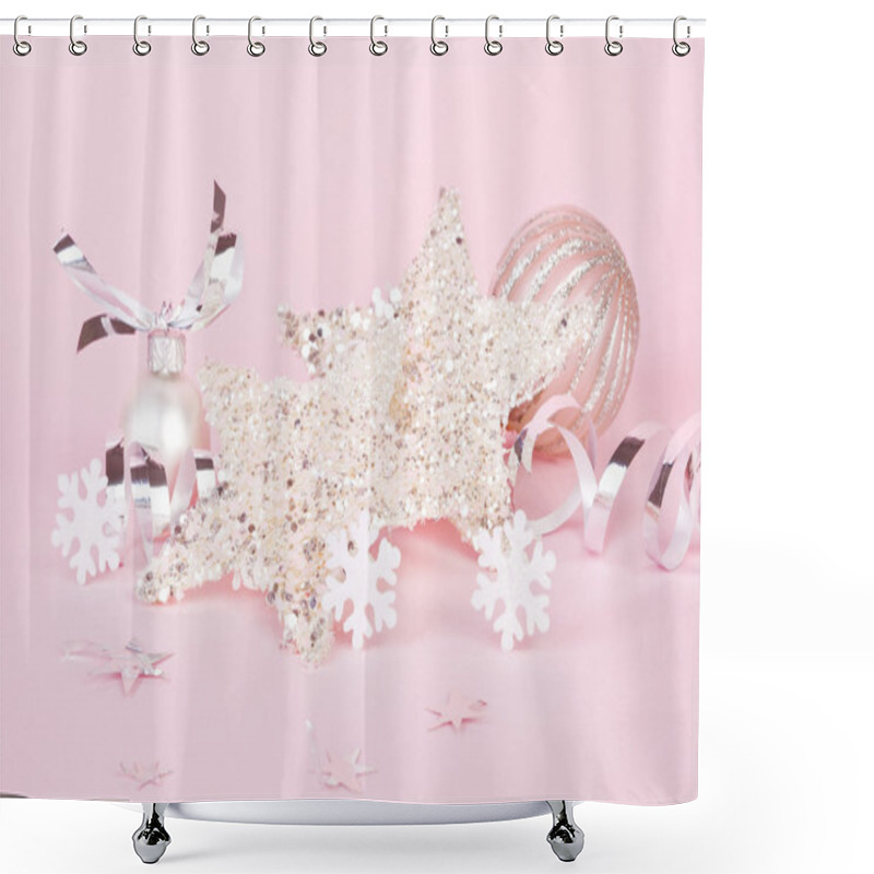 Personality  Pink And Silver Christmas Still Life. Shower Curtains