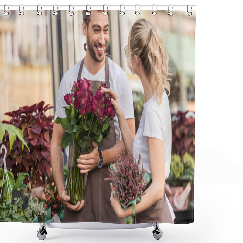 Personality  Smiling Florists Talking And Standing Near Flower Shop With Potted Plant And Burgundy Roses Shower Curtains