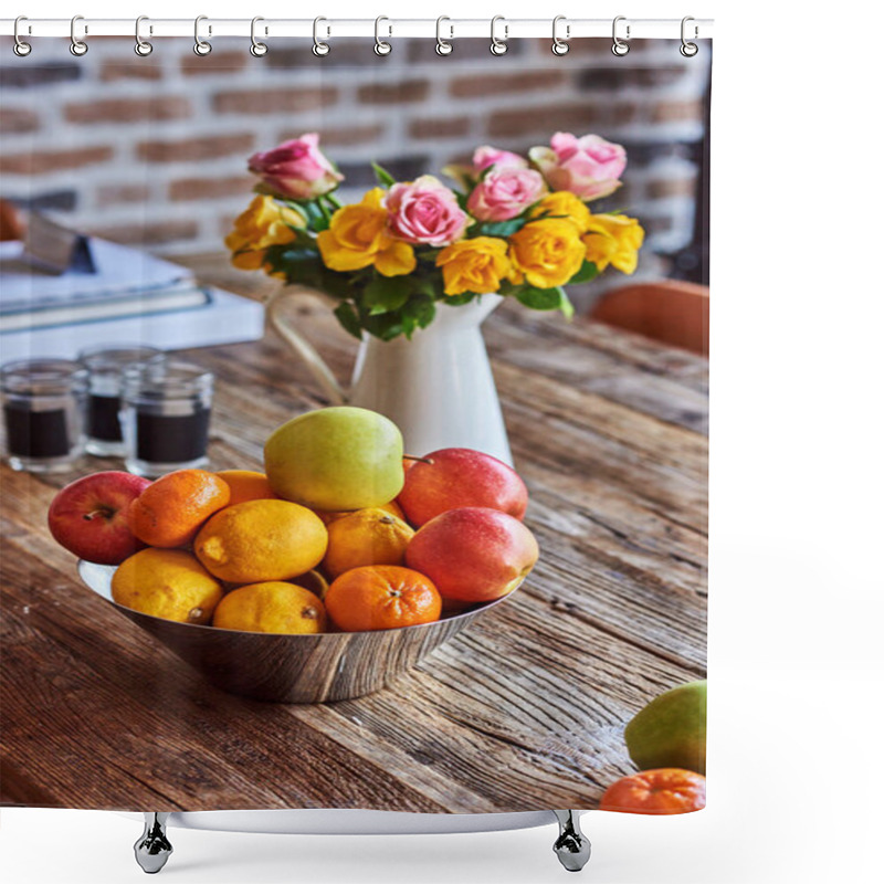 Personality  Bouquet Of Summer Flowers And Fruit On Wooden Retro Table. Nostalgic Vintage Summer Background. Shower Curtains