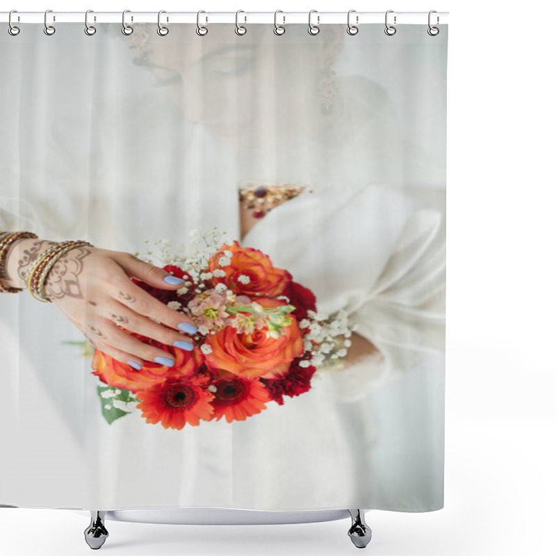 Personality  Young Indian Bride With Mehndi Holding Flowers On White Shower Curtains