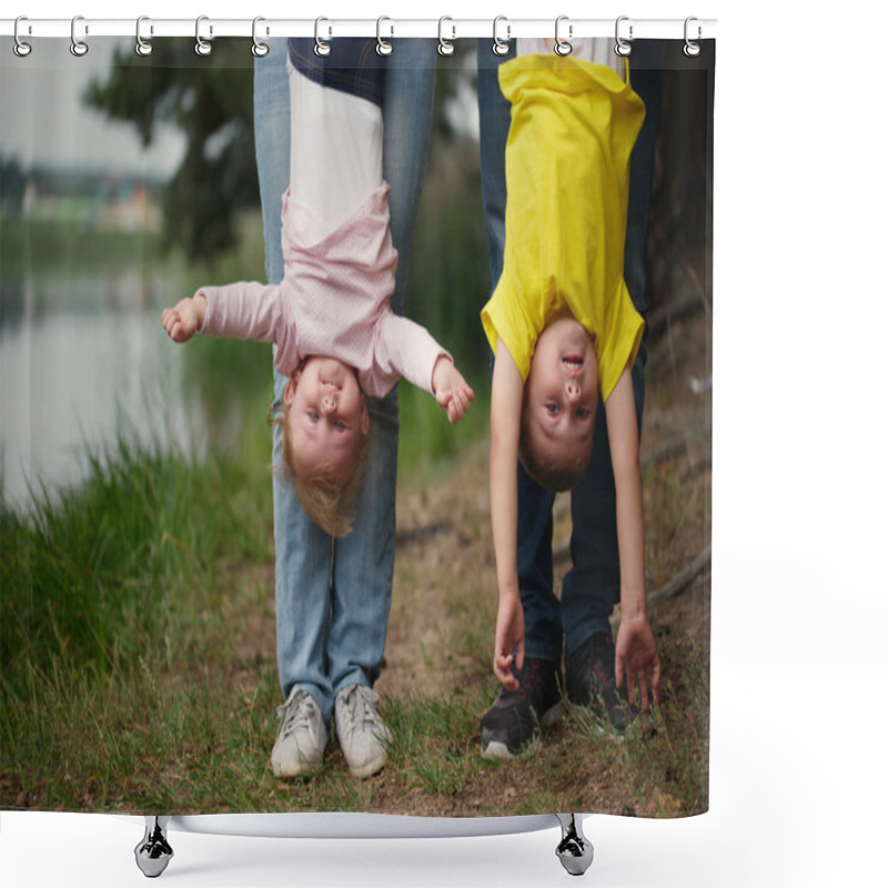 Personality  Mother And Father Holding Children Upside Down Shower Curtains