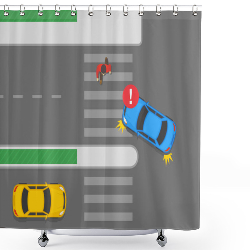 Personality  Safety Car Driving And Traffic Regulation Rules. Wrong Turn Position On Multi-lane Roads. Left Turn When There Is A Pedestrian On Crosswalk. Flat Vector Illustration Template. Shower Curtains