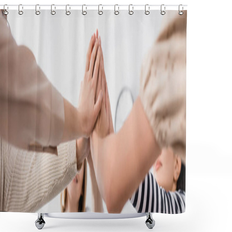 Personality  Group Of Women Holding Hands Together During Seminar, Banner Shower Curtains