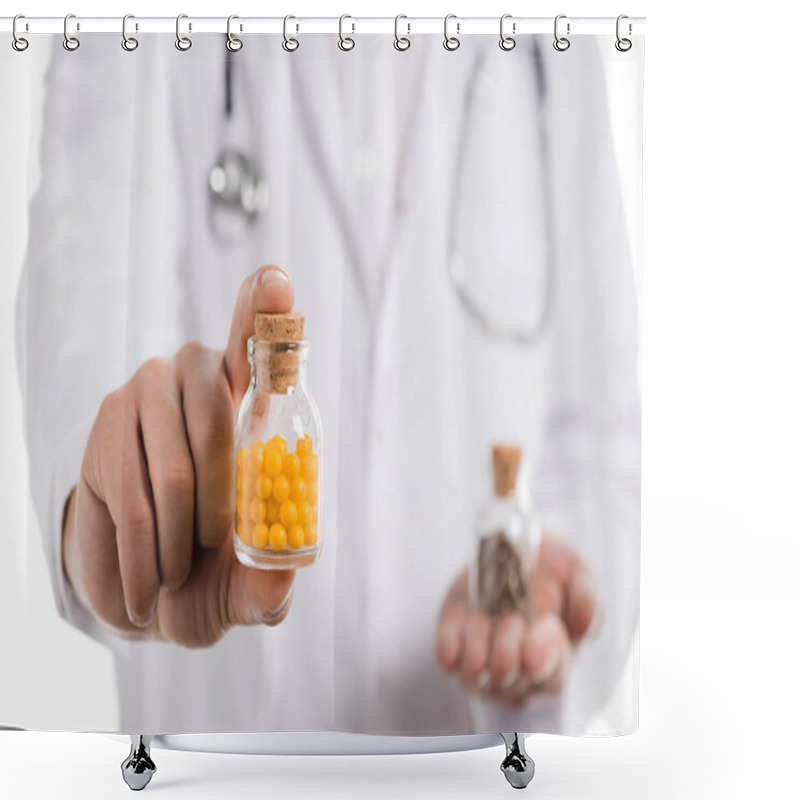 Personality  Cropped View Of Male Doctor Showing Bottle With Pills Isolated On White Shower Curtains