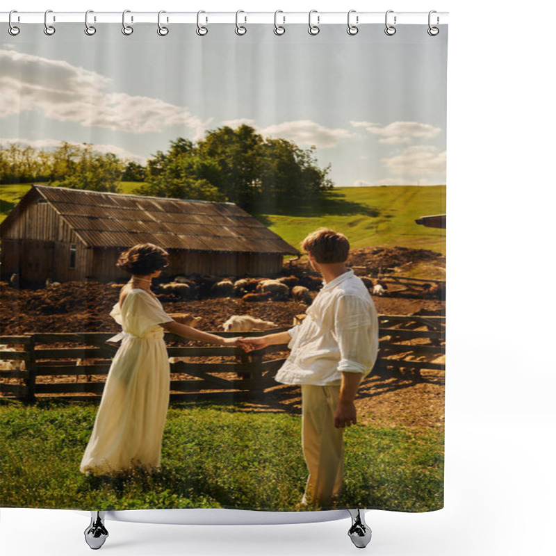 Personality  Rustic Wedding In Boho Style, Back View Of Newlyweds Holding  Hands And Looking At Livestock In Farm Shower Curtains