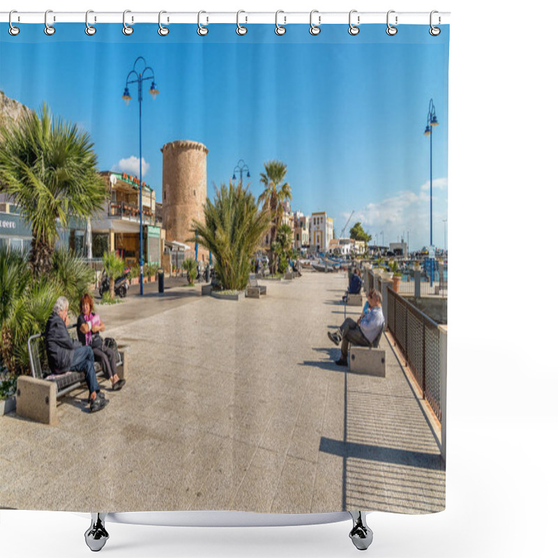 Personality  Mondello - Palermo, Sicily, Italy - October 9, 2017: Promenade In The Center Of Mondello, Is A Small Seaside Resort Near Center Of City Palermo. Shower Curtains