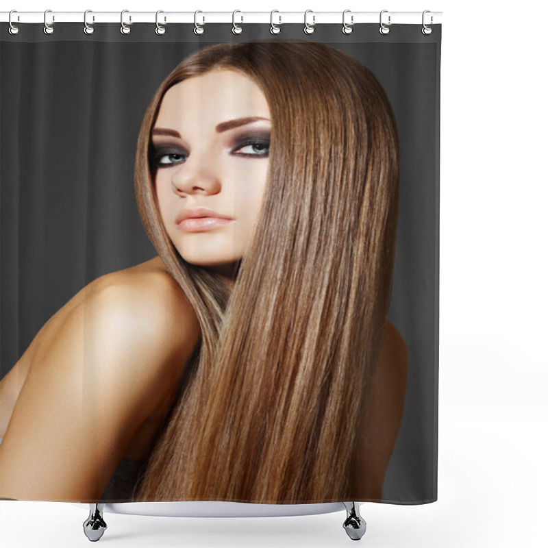 Personality  Wellness. Portrait Of Woman Model With Shiny Long Brown Hair Shower Curtains