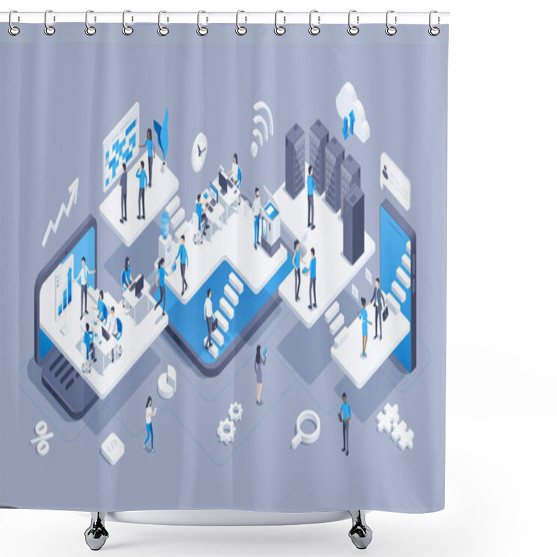 Personality  Isometric Vector Illustration On Gray Background, Virtual Office With Working People, Teamwork And Creative Idea Shower Curtains