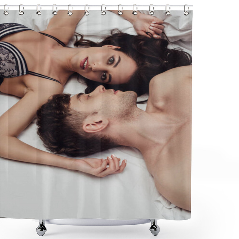 Personality  Beautiful Girlfriend And Handsome Boyfriend Lying In Bed At Home Shower Curtains