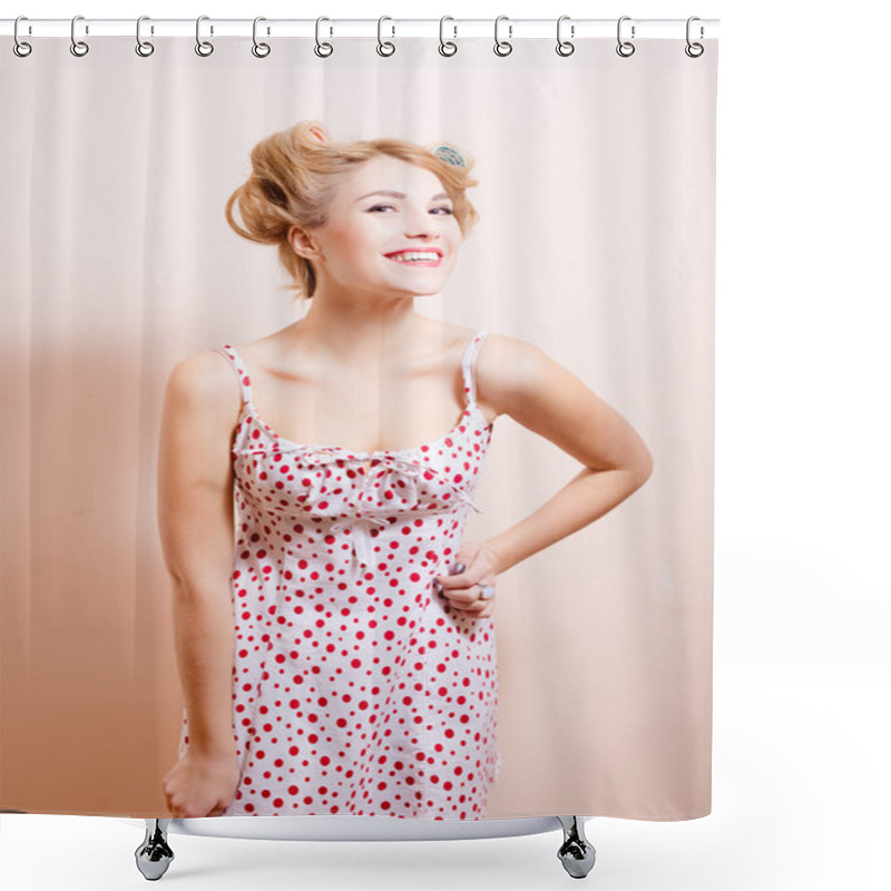 Personality  Smiling Woman In Pinup White Dress Shower Curtains