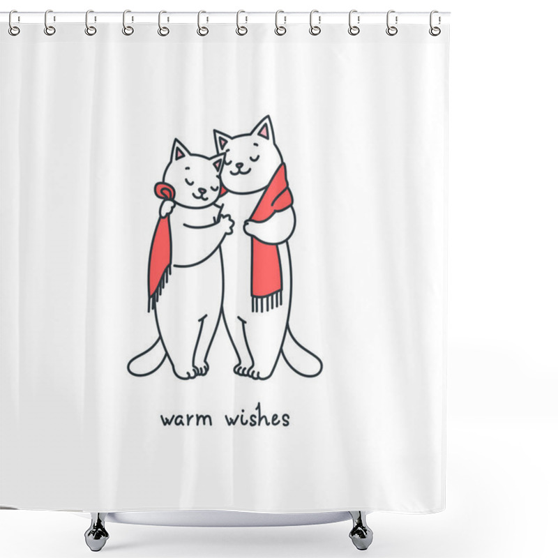 Personality  Warm Wishes. Cute Cat Couple In Love Wearing The Scarf. Doodle Illustration Isolated On White Background. Vector 10 EPS. Shower Curtains