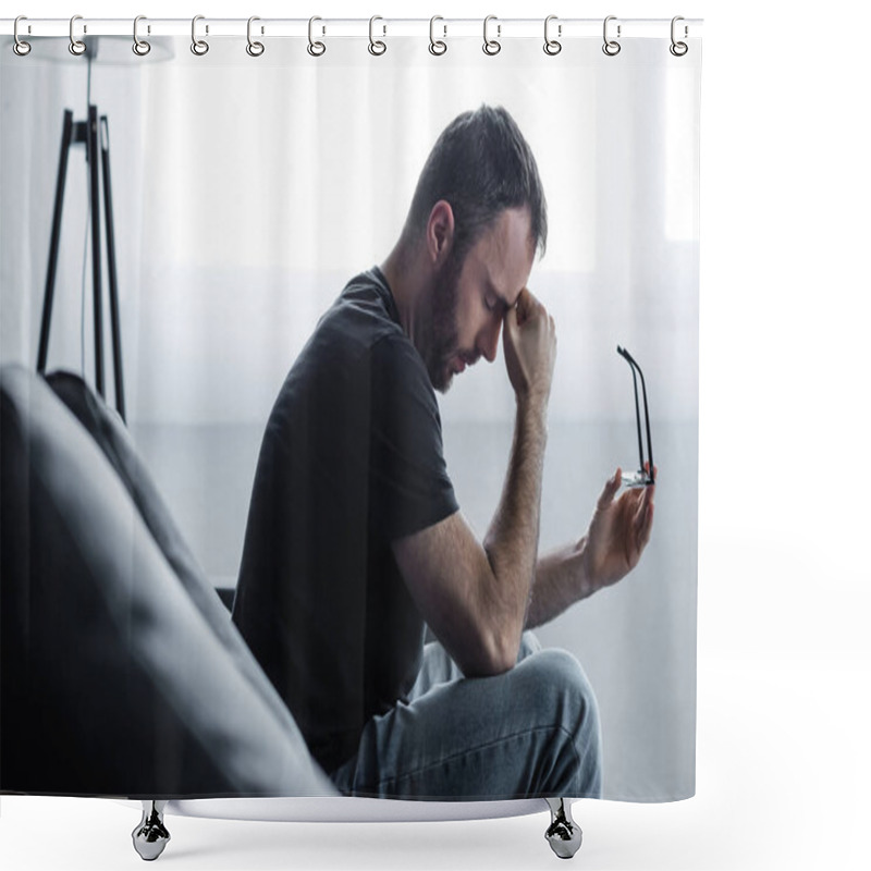 Personality  Upset Man Sitting On Sofa With Closed Eyes And Holding Glasses Shower Curtains