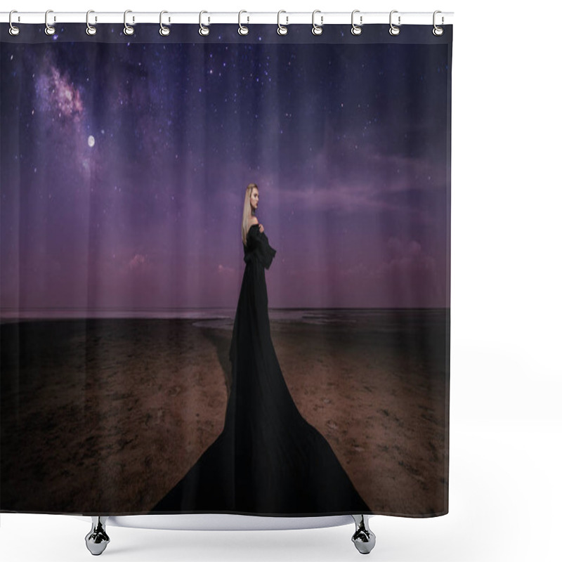 Personality  Full Length Portrait Of A Beautiful Gothic Woman In Long Black Dress Posing Outdoor. Beauty, Fashion. Shower Curtains