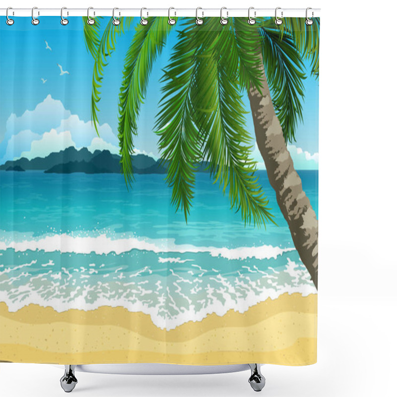 Personality  Exotic Tropical  Landscape With  Palm. Seascape With Waves, Cloudy Sky And Seagulls.  Tourism And Travelling. Vector Flat Design Shower Curtains