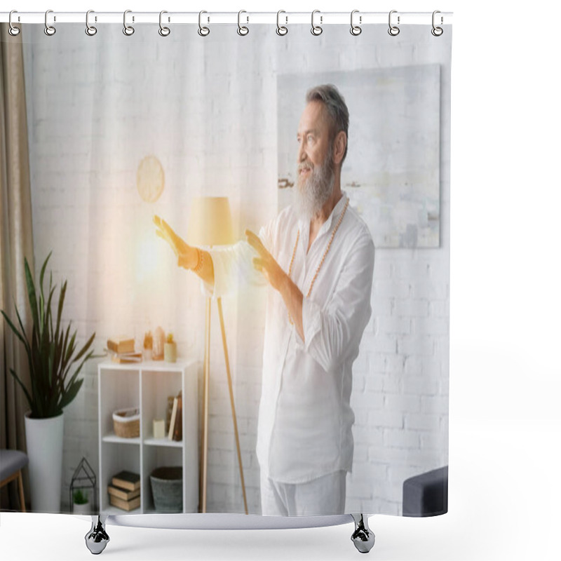 Personality  Senior Master Guru Meditating Near Light Of Aura At Home Shower Curtains