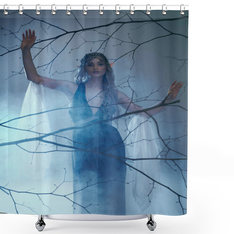 Personality  A Young Woman In A Flowing Blue Dress Stands Gracefully In Front Of A Majestic Tree, Embodying The Essence Of A Fairy Princess. Shower Curtains