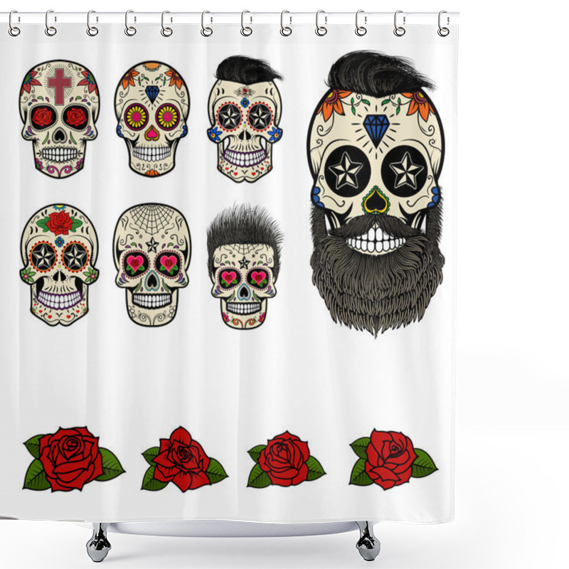 Personality  Set Of Sugar Skulls And Design Elements. Day Of The Dead. Skull  Shower Curtains