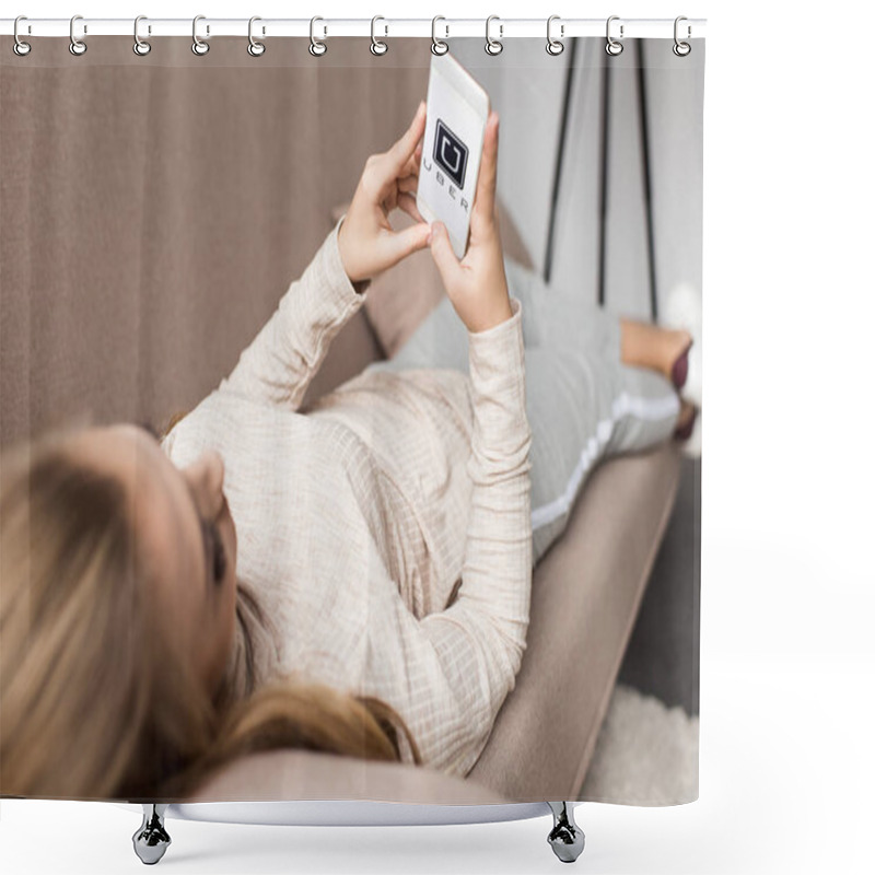 Personality  Woman On Couch Using Smartphone With Uber Logo On Screen Shower Curtains