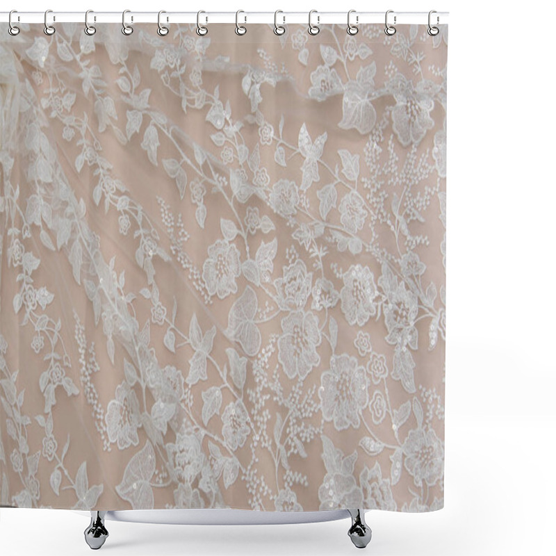 Personality  Texture Lace Fabric. Lace On White Background Studio. Thin Fabric Made Of Yarn Or Thread. A Background Image Of Ivory-colored Lace Cloth. White Lace On Beige Background. Shower Curtains