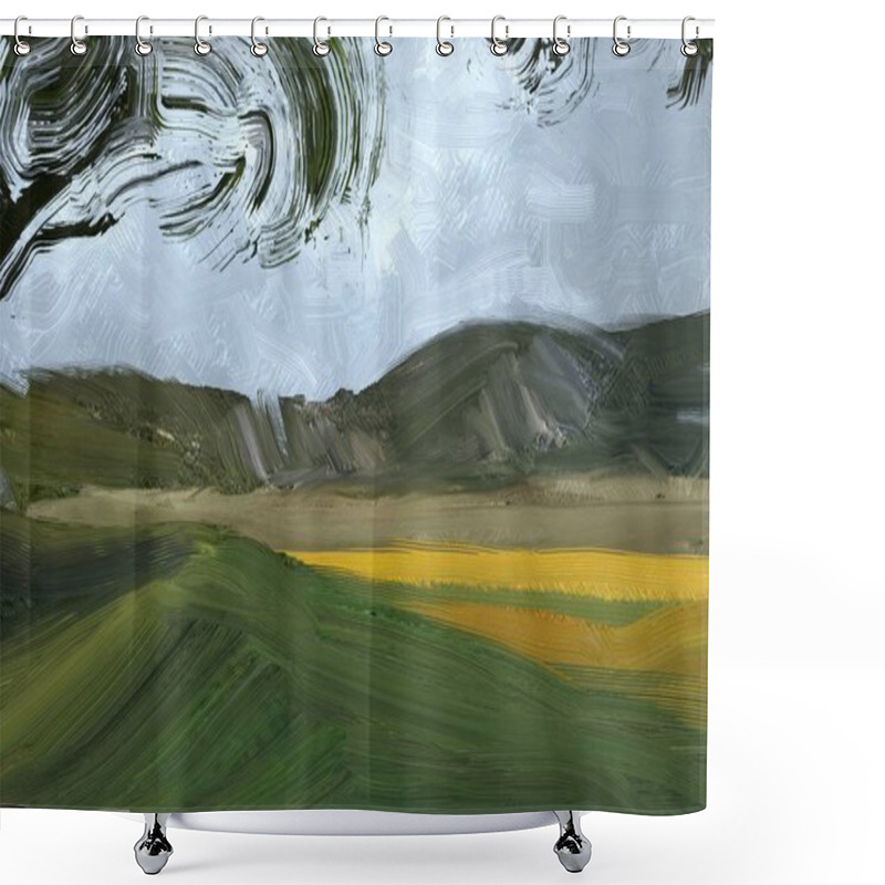 Personality  Colorful Green Countryside Field And Grass. Summer Time. 2d Illustration. Oil Painting Landscape Art. Rural Mountain Region. Shower Curtains