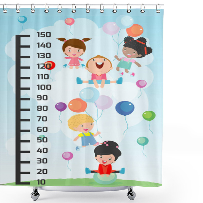 Personality  Meter Wall With Children Playing. Vector Illustration. Shower Curtains