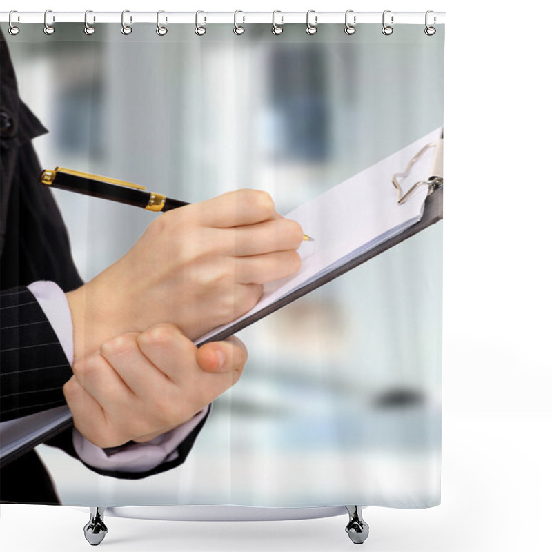 Personality  Close-up Of Business Person Hand With Pen Over Document Shower Curtains