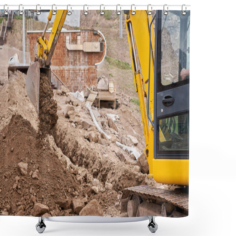 Personality  Excavator Works In The Highlands. Makes A Trench For Communications. Water And Electricity. In The Gorge Of The Mountains. Repair And Expansion Of A Road. High Quality Photo Shower Curtains