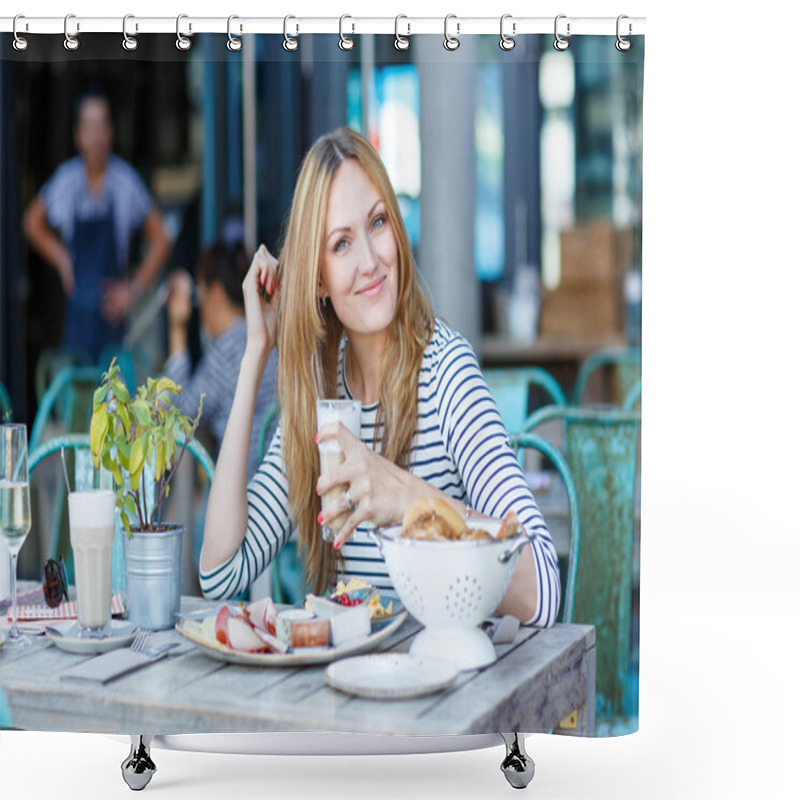 Personality  Young Woman Having Healthy Breakfast In Outdoor Cafe Shower Curtains