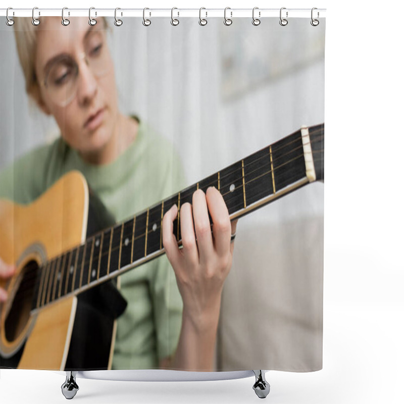 Personality  Blurred Young Woman In Glasses With Bangs Playing Acoustic Guitar And Sitting On Comfortable Couch In Modern Living Room, Learning Music, Skill Development, Music Enthusiast  Shower Curtains