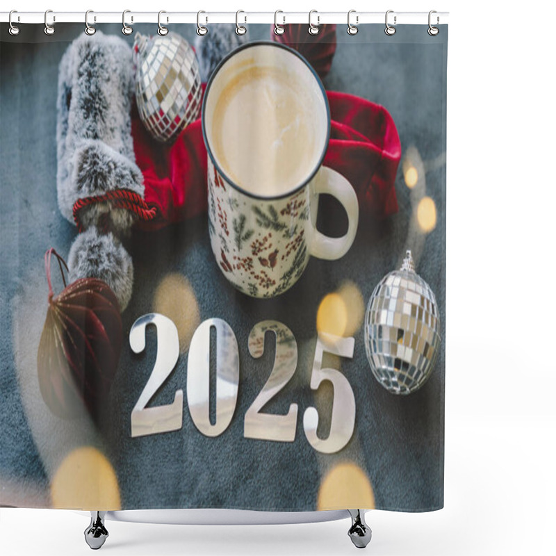 Personality  A Warm Beverage Is Placed Next To Shiny Numbers For The Year 2025, Surrounded By Festive Ornaments And Soft Decorations, Creating A Cozy Winter Atmosphere. Merry Christmas Happy New Years 2025 Shower Curtains