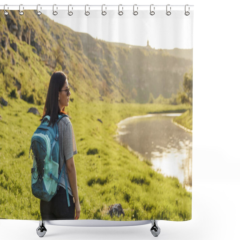 Personality  Traveler Woman With Backpack Looking Landscape View At Nature Green Field At Sunset, Tourism Concept Shower Curtains