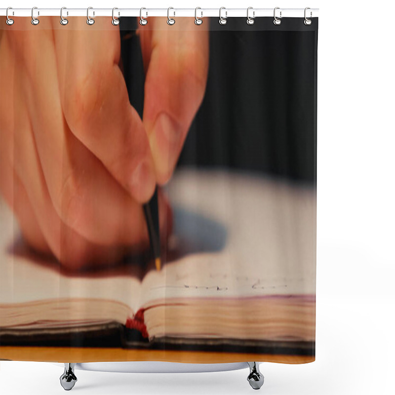 Personality  Cropped View Of Man Holding Pen While Writing In Notebook On Desk Shower Curtains