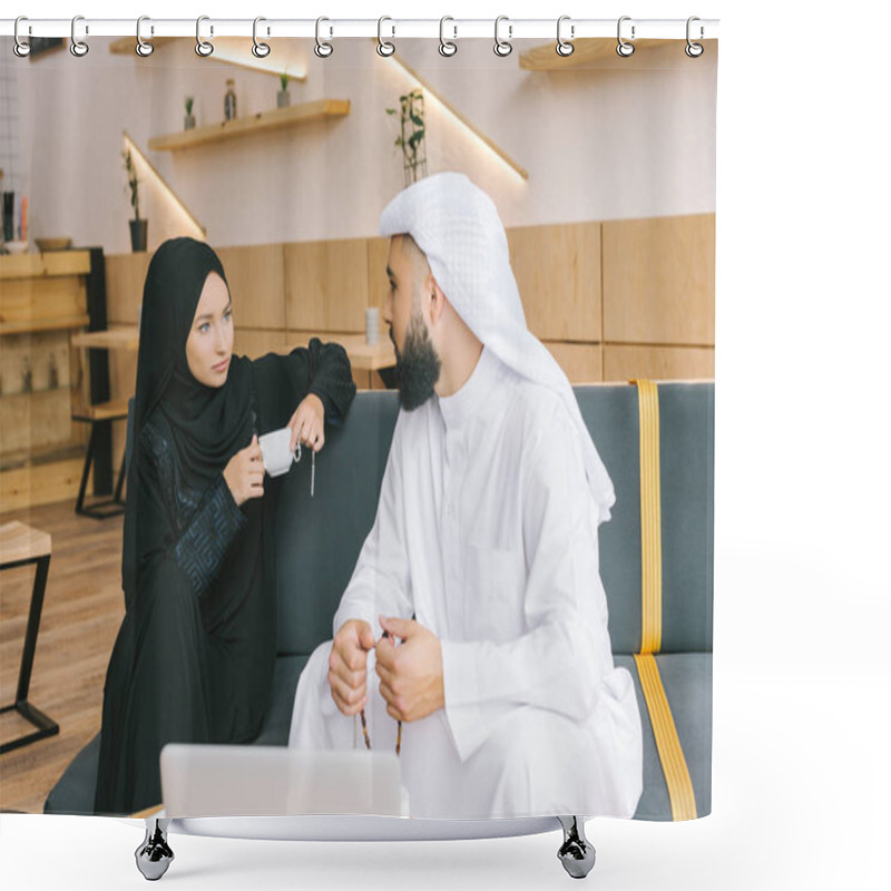 Personality  Muslim Couple Spending Time In Cafe Shower Curtains