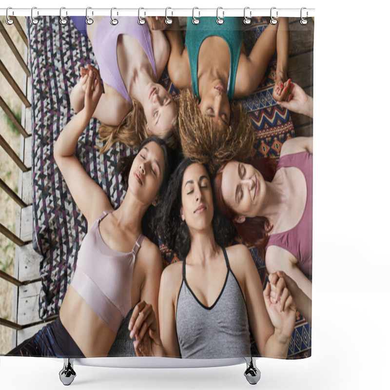 Personality  Top View Of Multiethnic Women With Closed Eyes Lying On Pillows And Meditating In Patio Shower Curtains